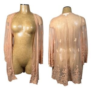 Peach Sheer Mesh Embroidered Lace Kimono Cardigan Large Ethereal Fairy Layyering